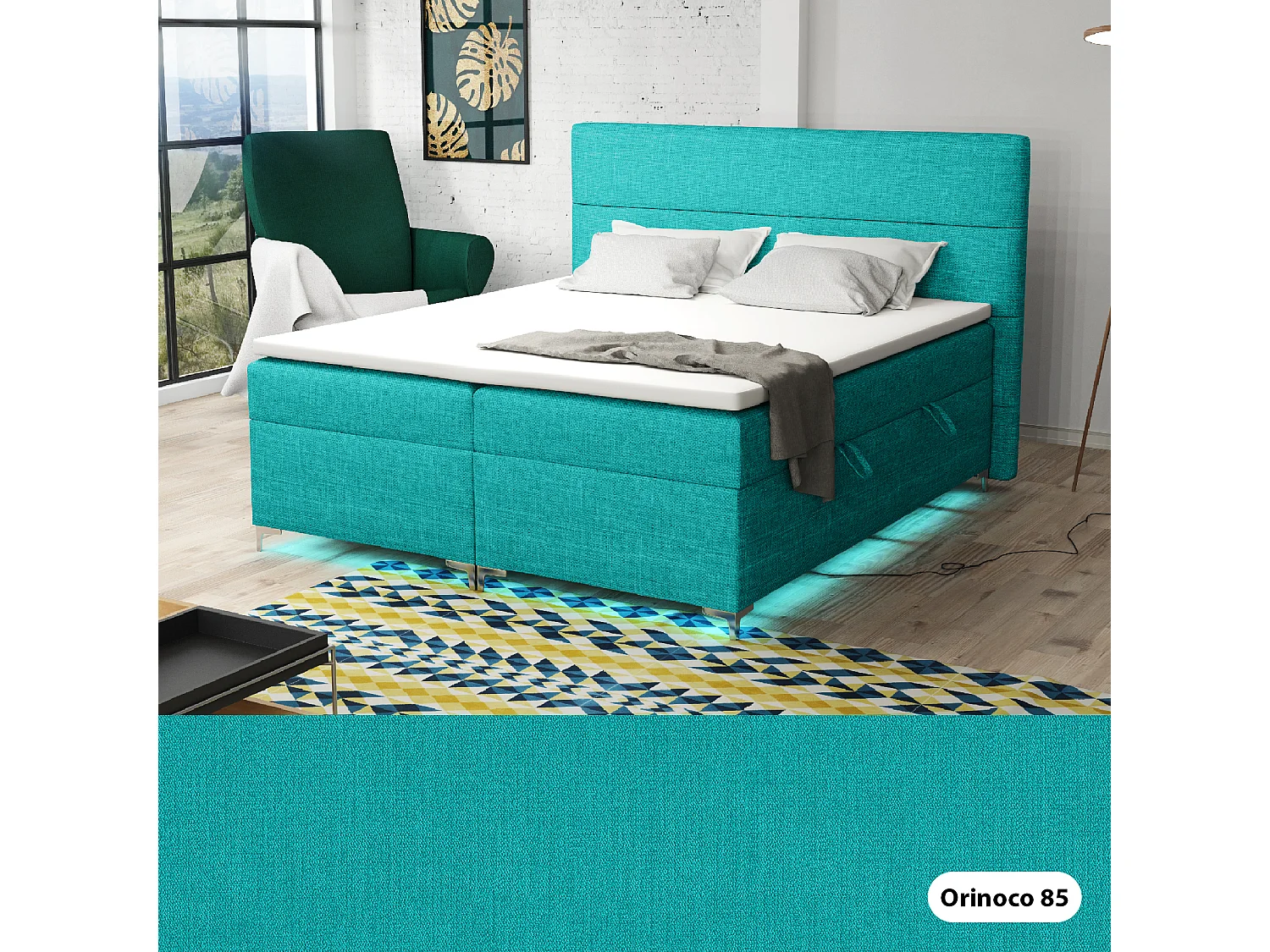 Boxspringbett mit Topper Verdalen  LED, 140x200 cm,  Orinoco 85 (Türkisblau)