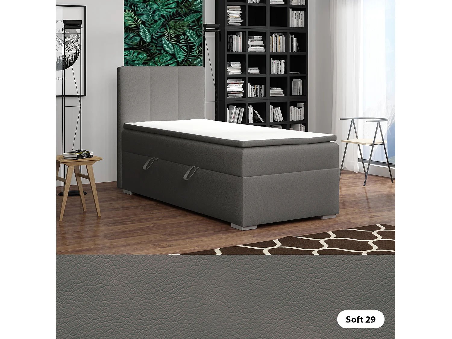 EINZELBETT mit Bettkasten und Topper Seite Links Monaco Mini 100x200 cm, Soft 29 (Grau)