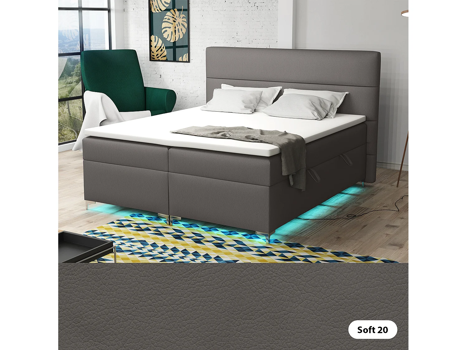 Lit boxspring avec surmatelas Verdalen LED, 180x200 cm, Soft 20 (Gris)