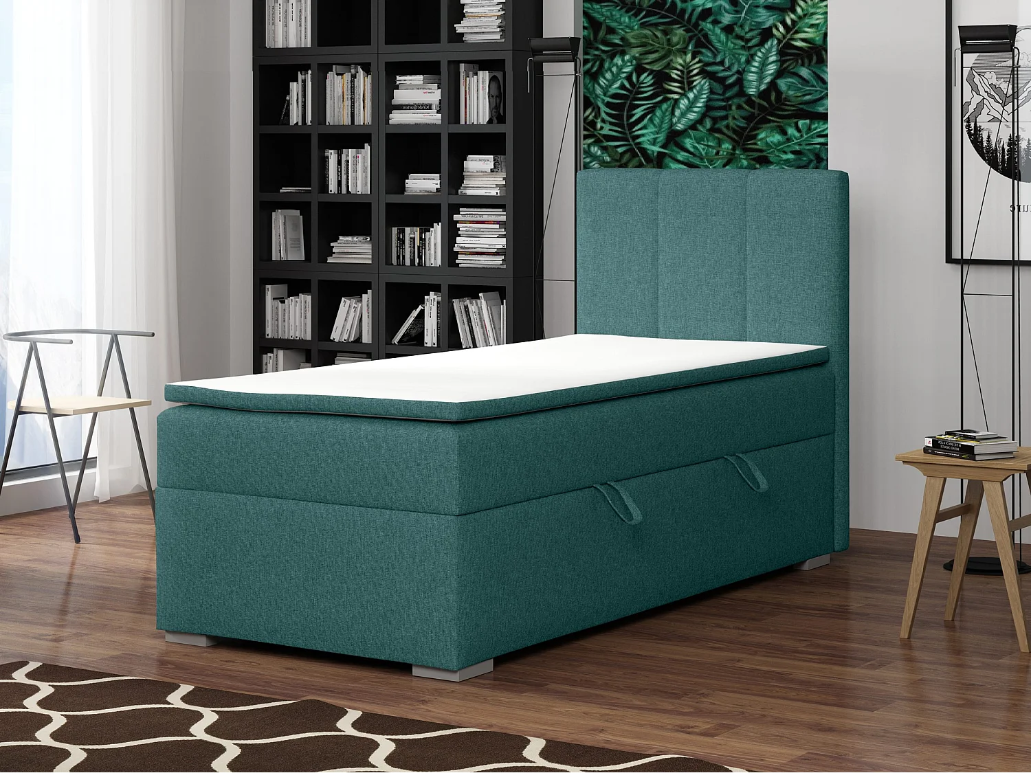 LIT SIMPLE avec tiroir de rangement et surmatelas, côté droit Monaco Mini 100x200 cm, Lux 30 (Bleu-vert)