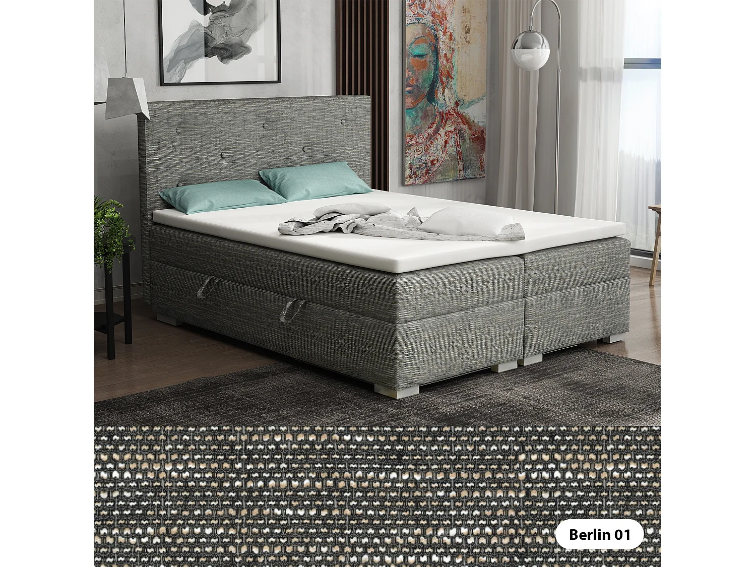 BOXSPRINGBETT mit Bettkästen Topper Atlanta 160x200 cm, Berlin 01 (Grau Melange)