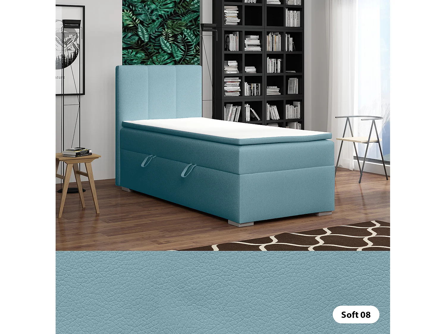 LIT SIMPLE avec tiroir de rangement et surmatelas, côté gauche Monaco Mini 90x200 cm, Soft 08 (Bleu pastel)