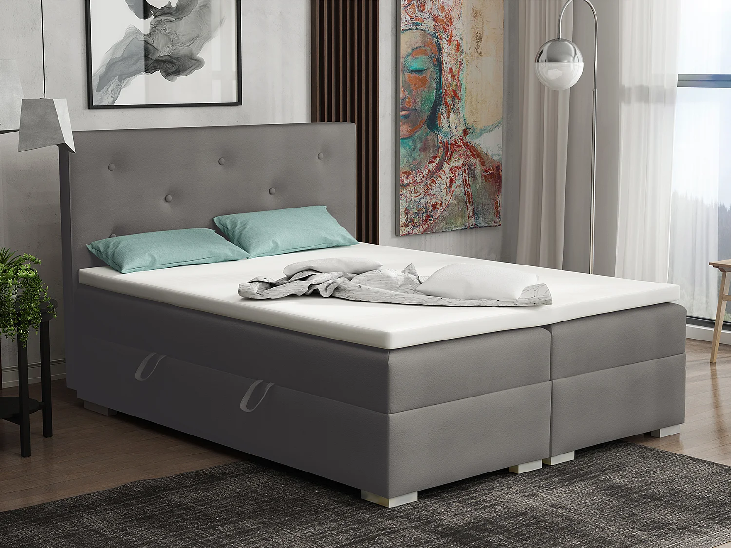 Lit Boxspring avec tiroirs de lit, Coffre de lit Topper Atlanta 180x200 cm, Soft 29 (Gris)