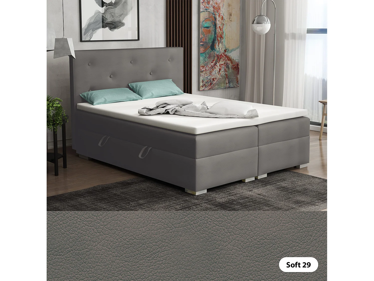 Lit Boxspring avec tiroirs de lit, Coffre de lit Topper Atlanta 180x200 cm, Soft 29 (Gris)