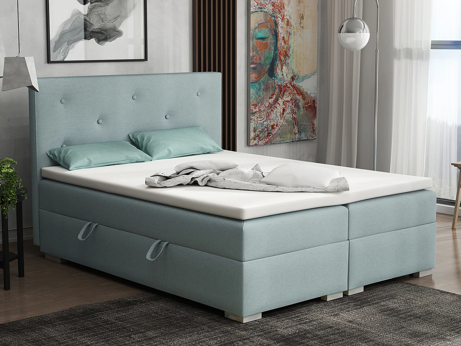 Lit Boxspring avec tiroirs de lit, Coffre de lit Topper Atlanta 200x200 cm, Jasmine 73 (Gris souris)