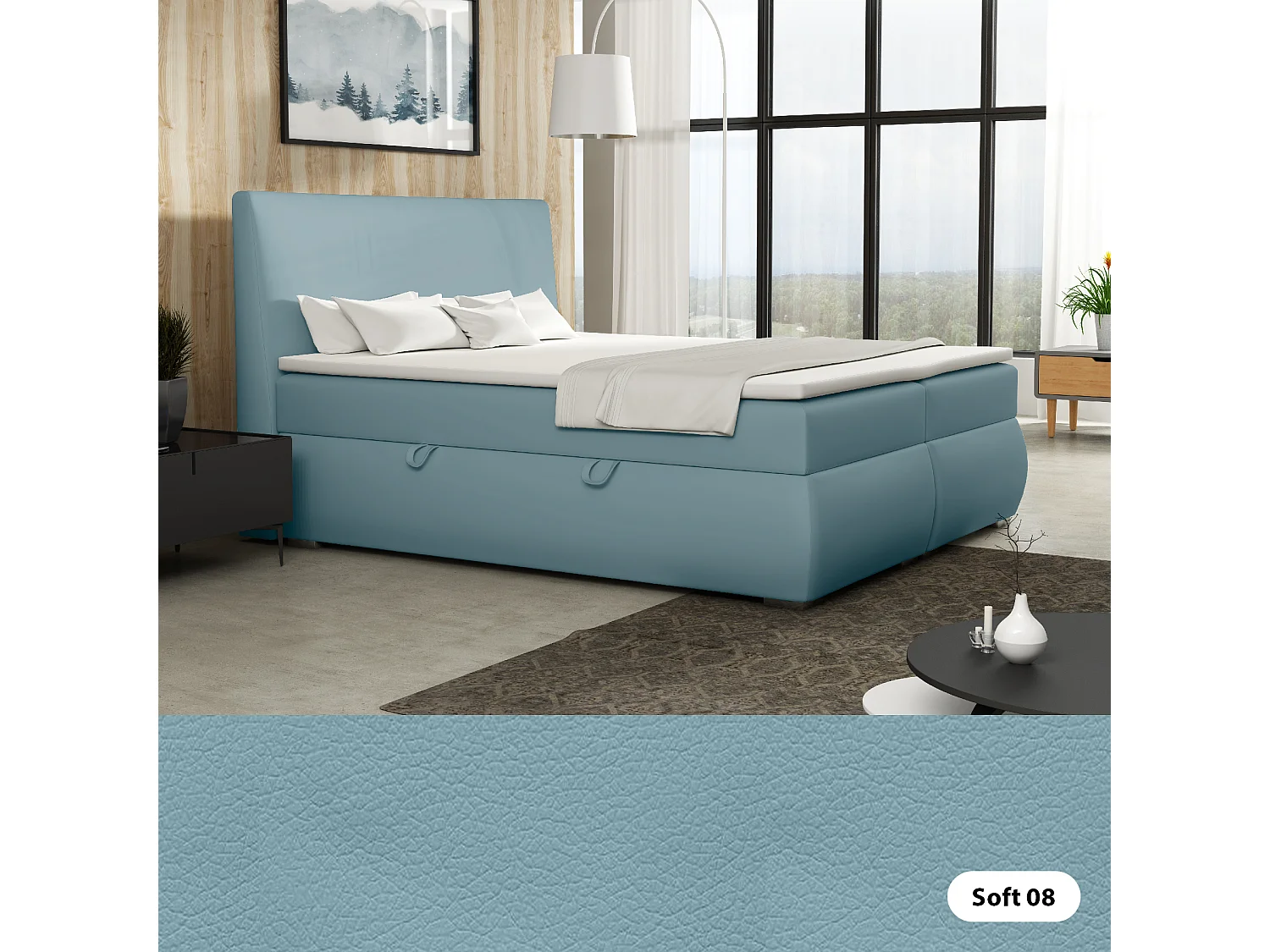 LIT BOXSPRING avec tiroirs de rangement Buffalo 200x200 cm, Soft 08 (Bleu pastel)