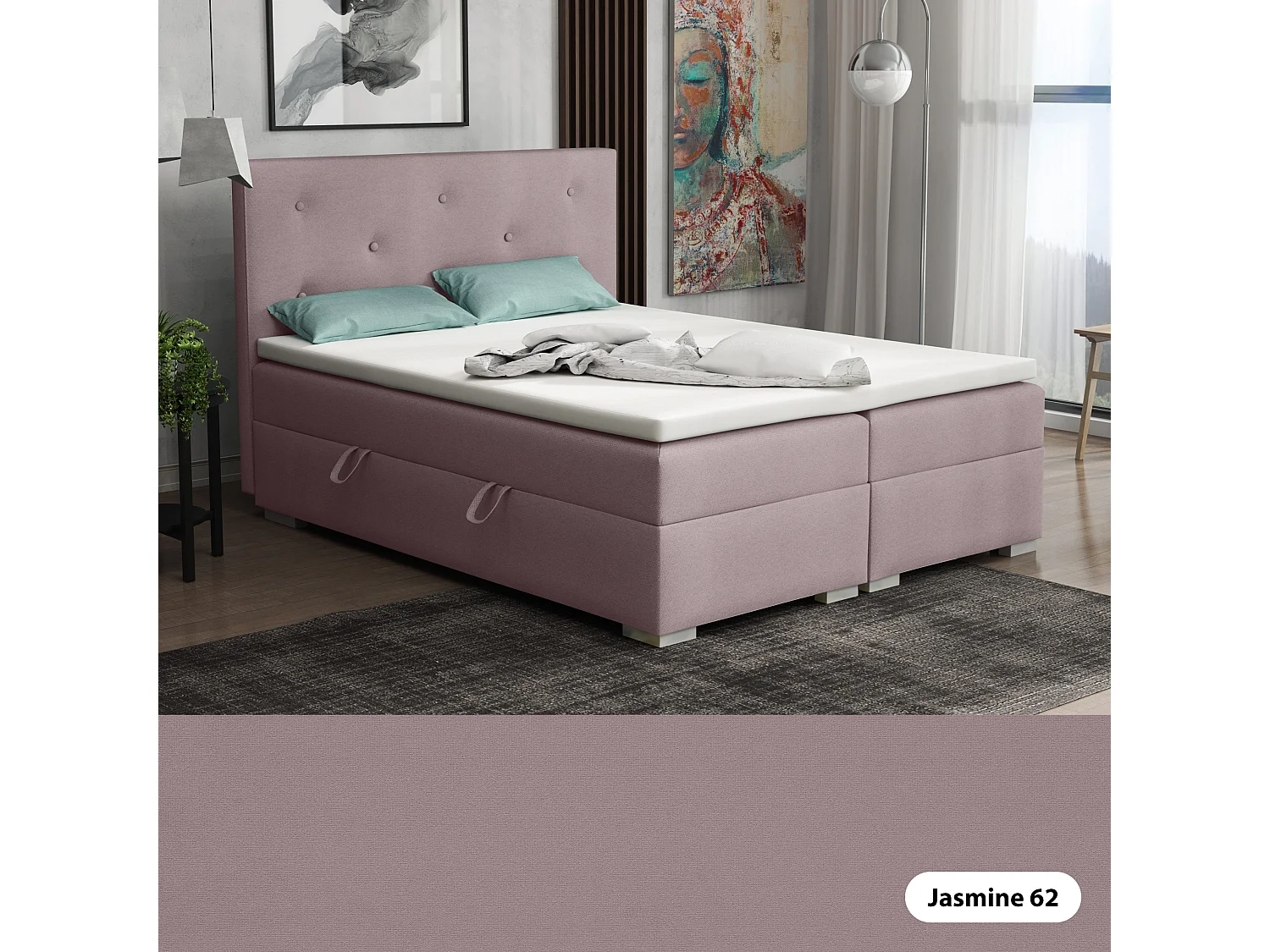 Lit Boxspring avec tiroirs de lit, Coffre de lit Topper Atlanta 140x200 cm, Jasmine 62 (Violet)