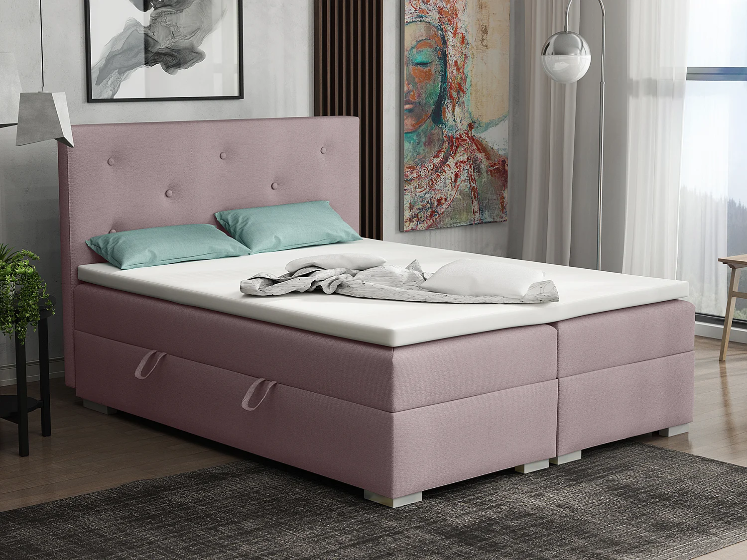 Lit Boxspring avec tiroirs de lit, Coffre de lit Topper Atlanta 200x200 cm, Jasmine 62 (Violet)