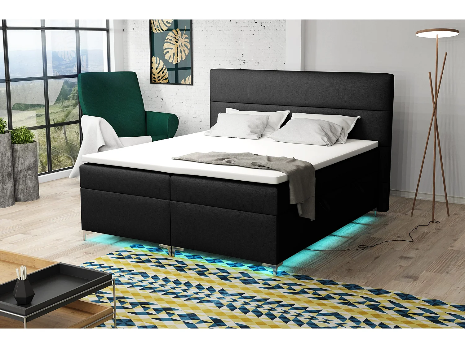 Lit boxspring avec surmatelas Verdalen LED, 200x200 cm, Jasmine 100 (Noir)