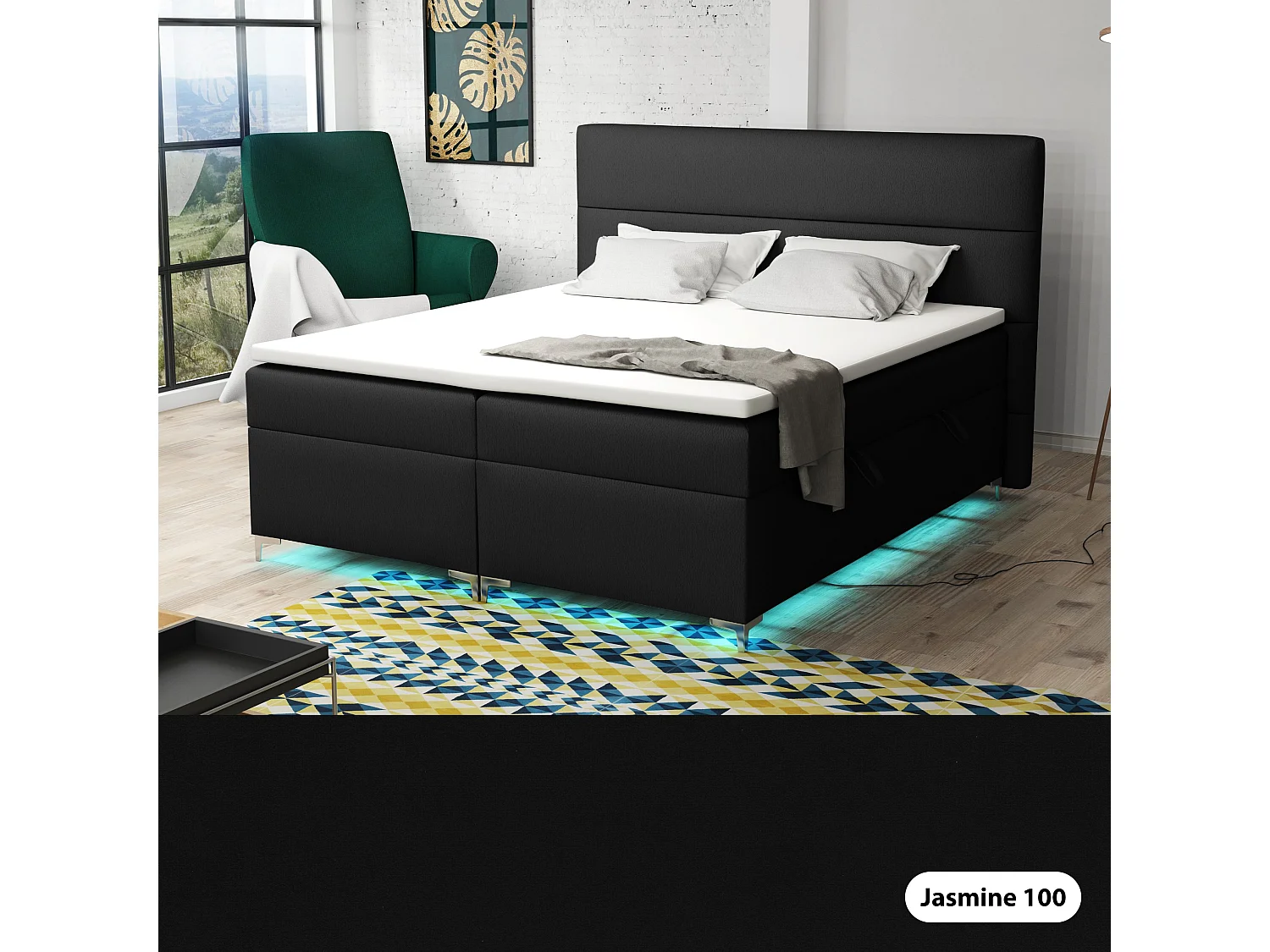 Lit boxspring avec surmatelas Verdalen LED, 200x200 cm, Jasmine 100 (Noir)
