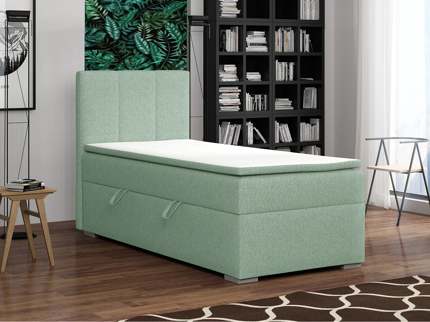 EINZELBETT mit Bettkasten und Topper Seite Links Monaco Mini 100x200 cm, Lux 29 (Blassgrün)