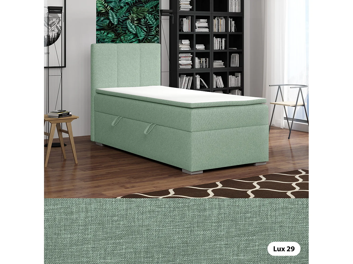 EINZELBETT mit Bettkasten und Topper Seite Links Monaco Mini 100x200 cm, Lux 29 (Blassgrün)