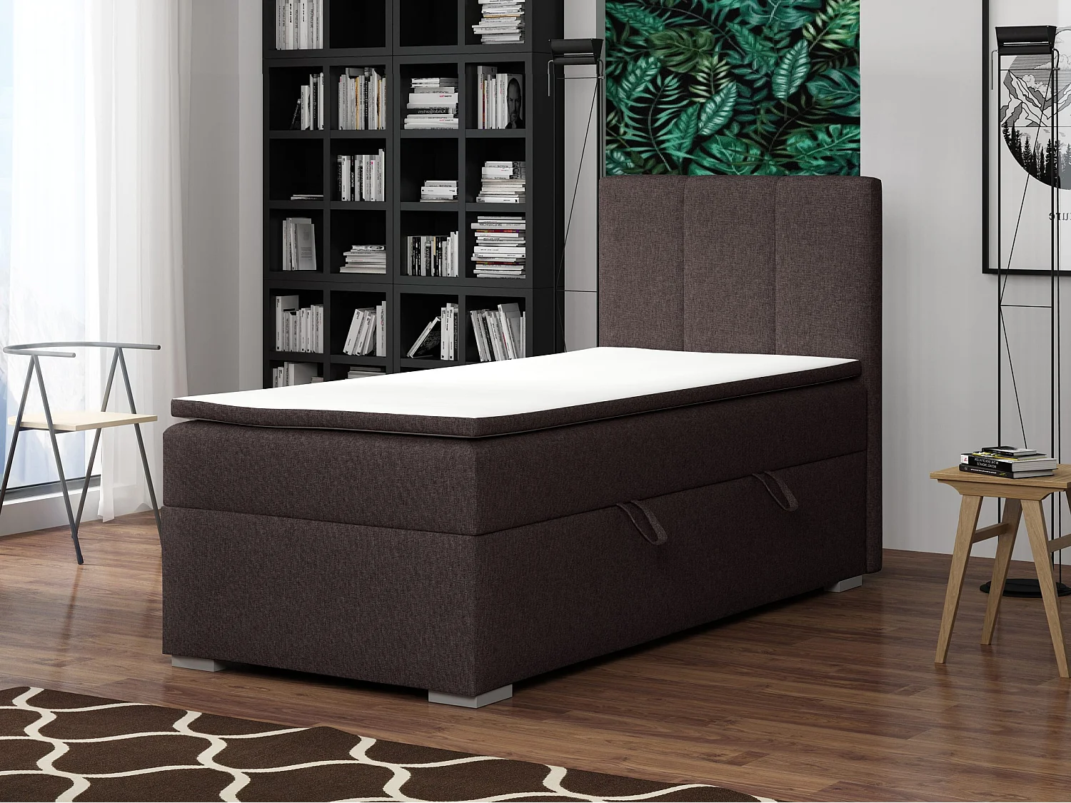 LIT SIMPLE avec tiroir de rangement et surmatelas, côté droit Monaco Mini 90x200 cm, Lux 13 (Marron foncé)