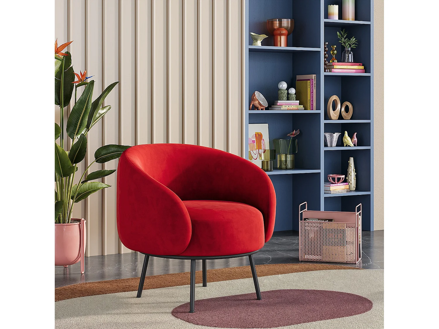 Habitat - Fauteuil en velours et métal - Rouge framboise et noir - Design by Adrien Carvès - Cajou