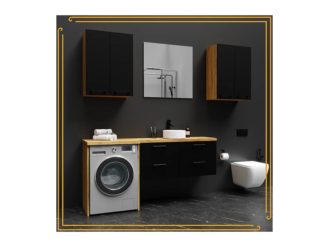 Szafka Łazienkowa Wisząca 60 cm Nad Umywalkę Pralkę Półki Dąb Craft Czarna