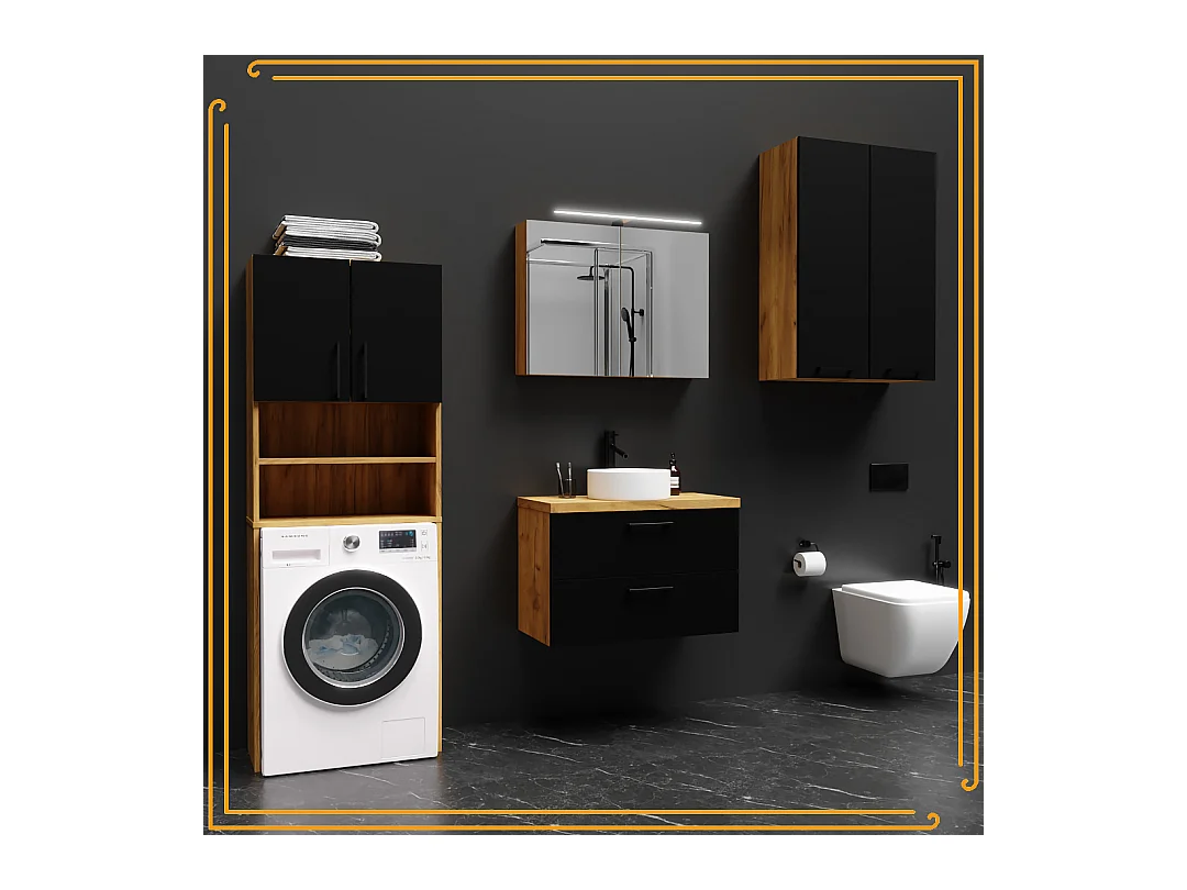 Szafka Łazienkowa Wisząca 60 cm Nad Umywalkę Pralkę Półki Dąb Craft Czarna