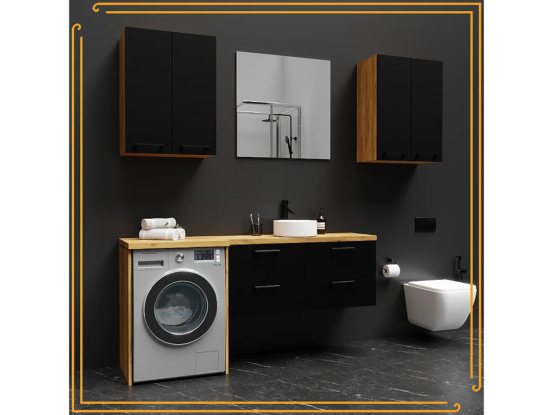 Armario de baño colgante de 60 cm sobre el lavabo con estantes para lavadora en roble craft negro.