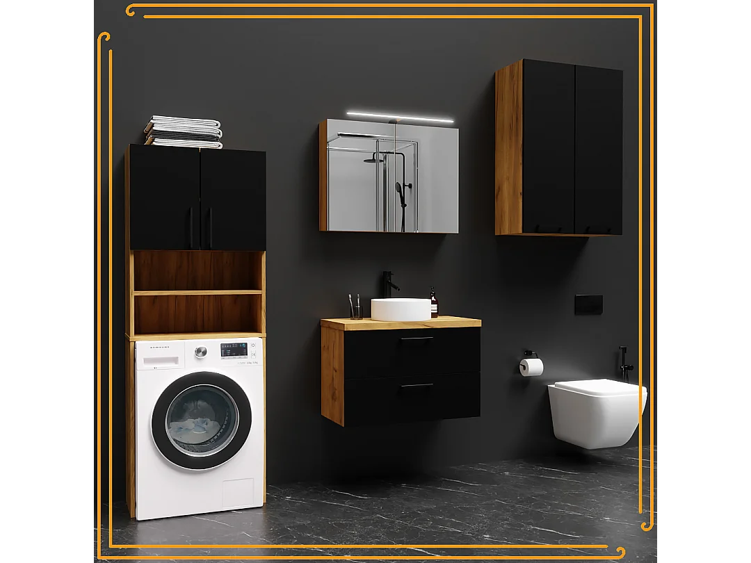 Armario de baño colgante de 60 cm sobre el lavabo con estantes para lavadora en roble craft negro.