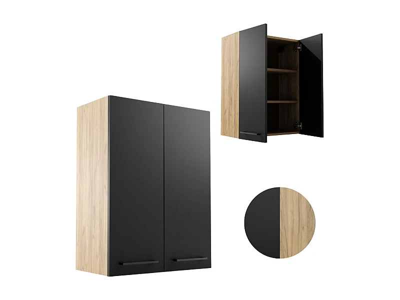 Armario de baño colgante de 60 cm sobre el lavabo con estantes para lavadora en roble craft negro.