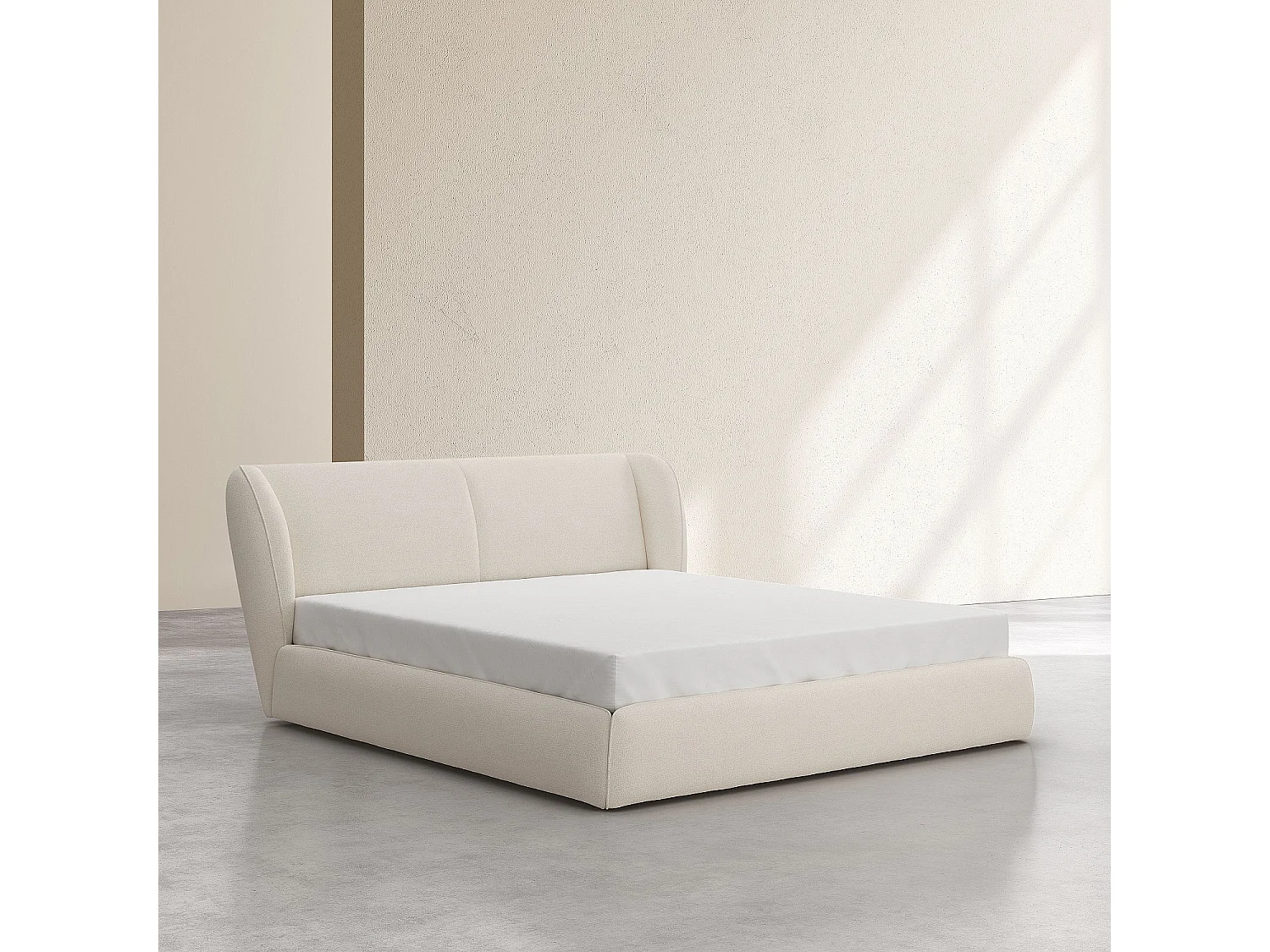 Lit coffre 180 x 200 cm en tissu bouclette courte - Beige meringue