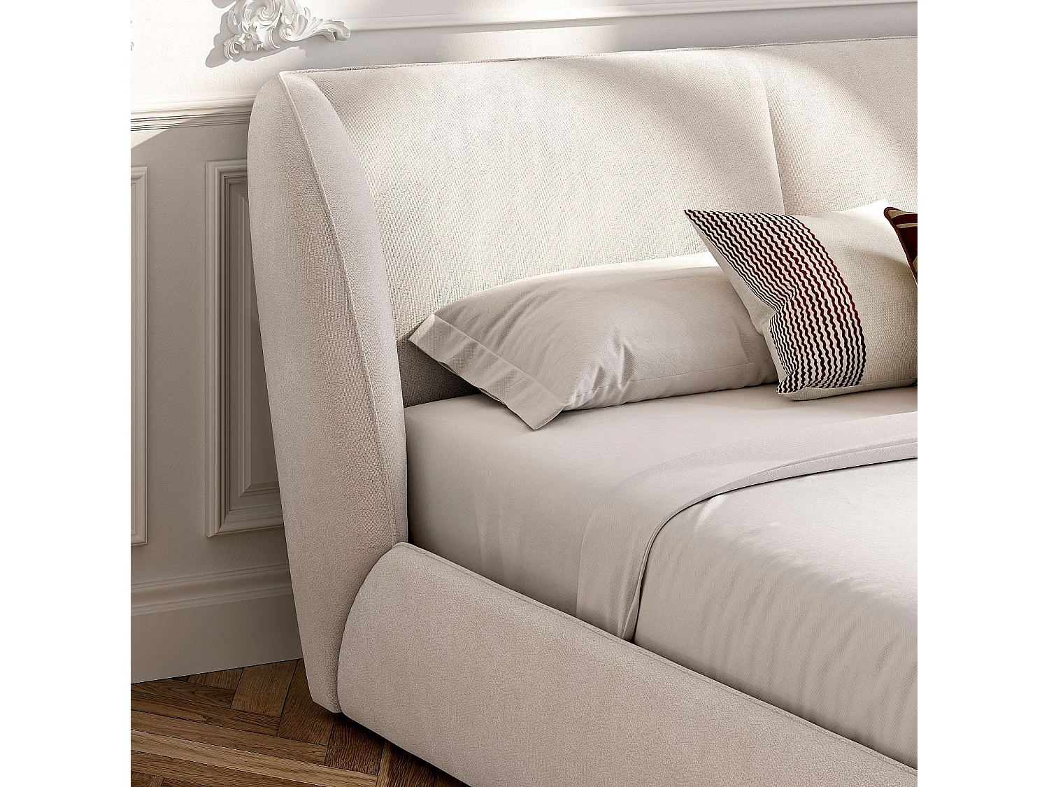 Lit coffre 180 x 200 cm en tissu bouclette courte - Beige meringue