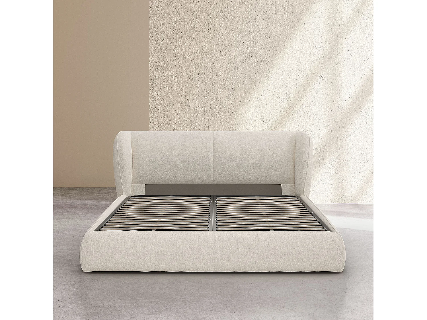 Lit coffre 180 x 200 cm en tissu bouclette courte - Beige meringue