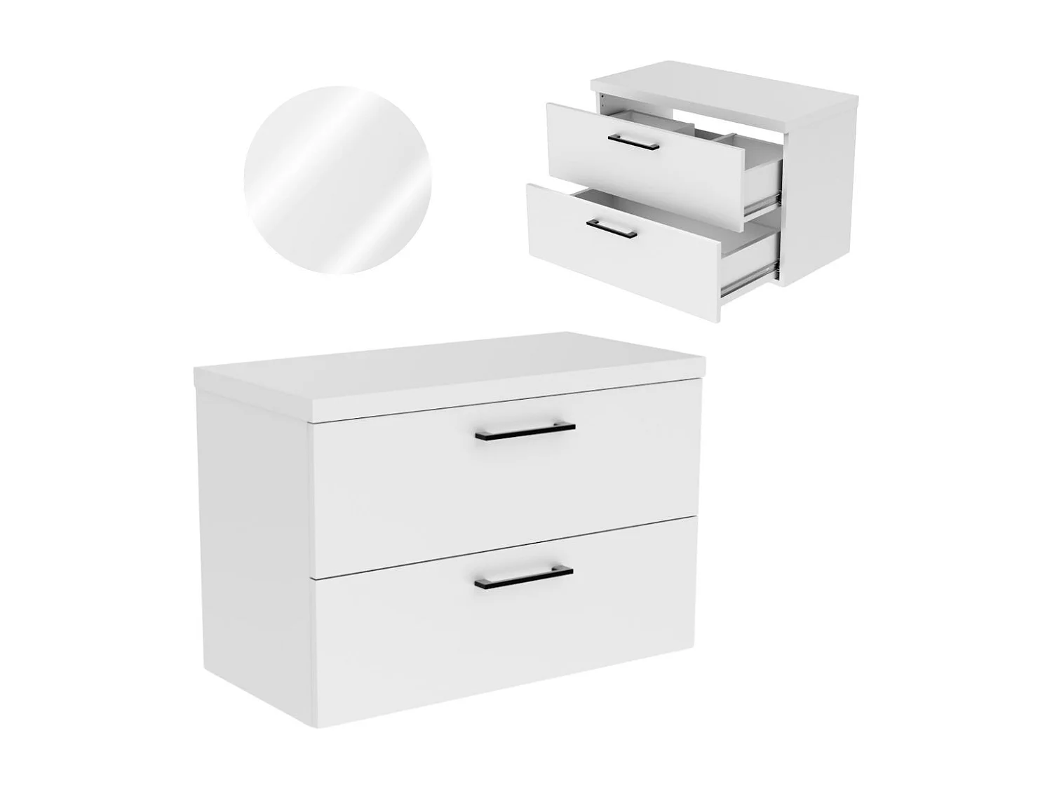 Hängender Badezimmerschrank 80 cm für Aufsatzwaschbecken in Weiß.