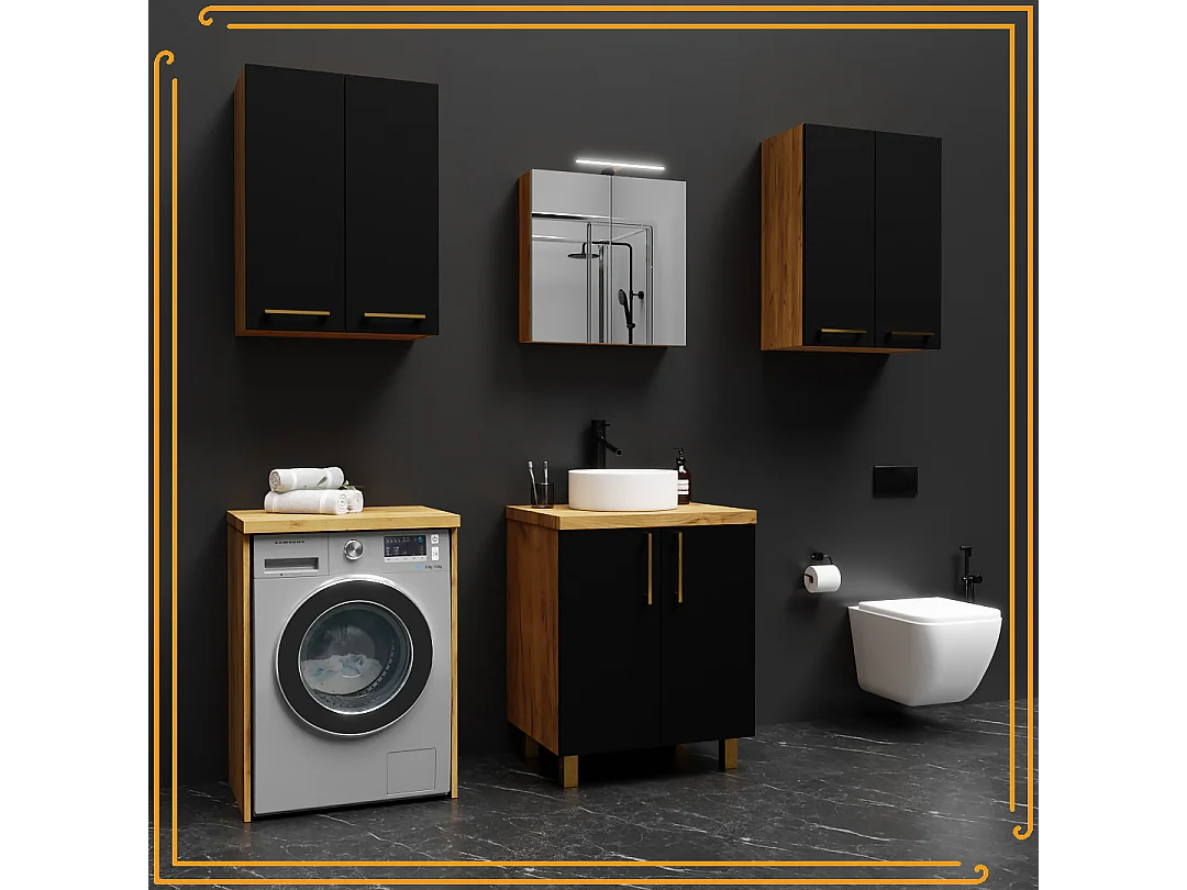 Armoire de Salle de Bain sur Pied 60 cm pour Lavabo sur Plan en Chêne Craft Noir