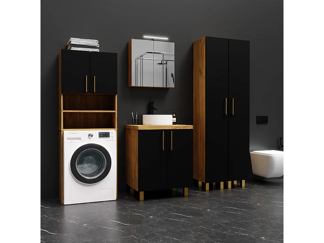 Armoire de Salle de Bain sur Pied 60 cm pour Lavabo sur Plan en Chêne Craft Noir