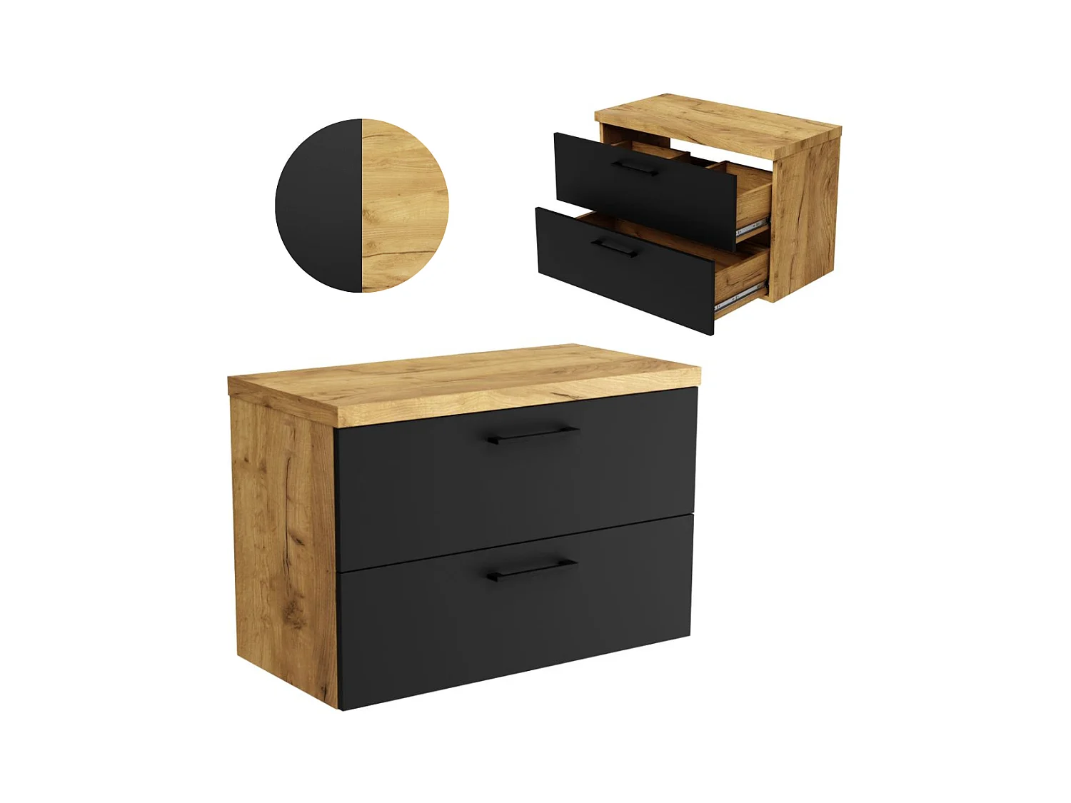 Armoire de salle de bain suspendue 80 cm sous le lavabo, commode en chêne noir.