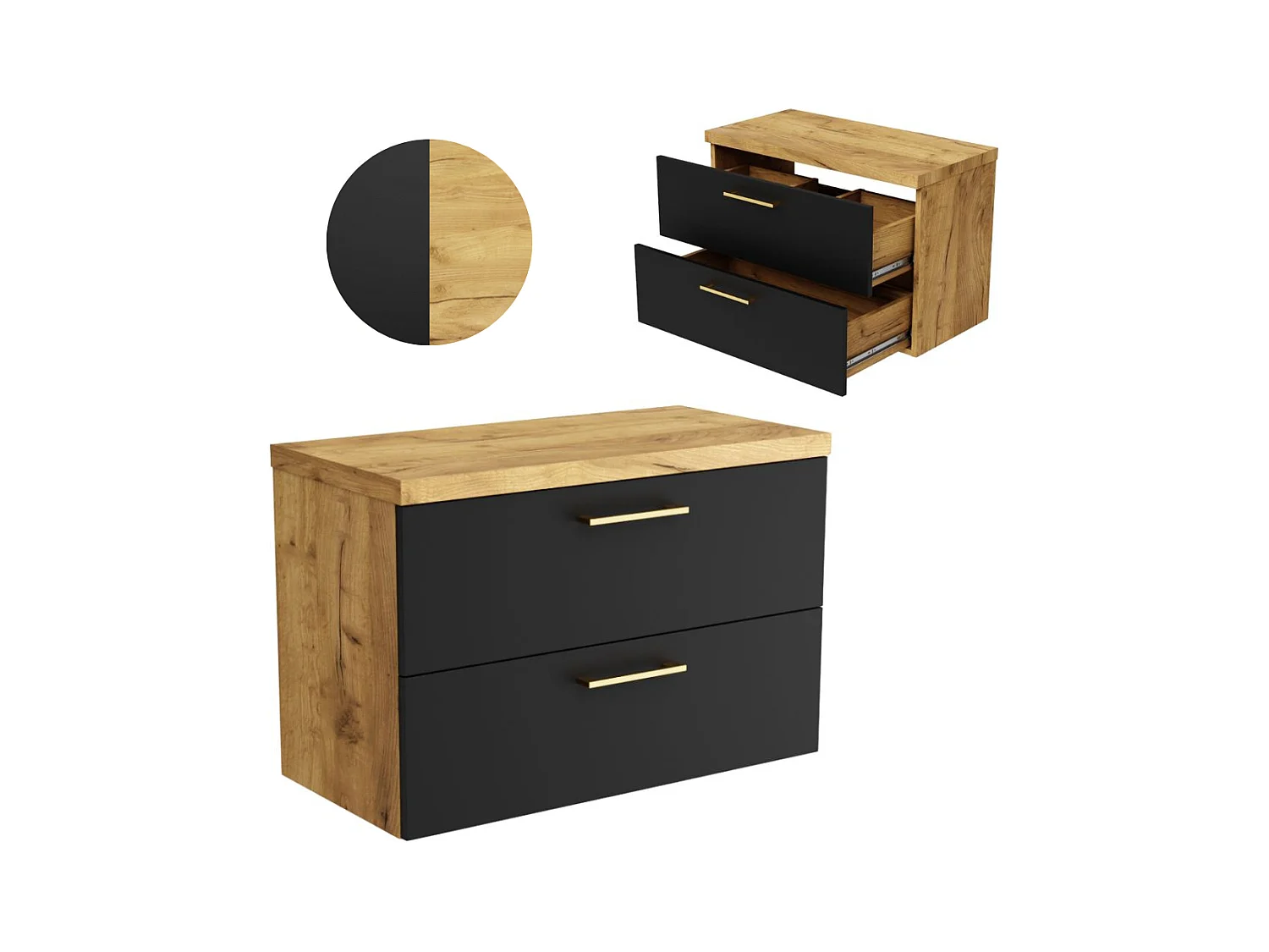 Armoire de salle de bain suspendue de 80 cm pour lavabo sur plan en chêne noir.