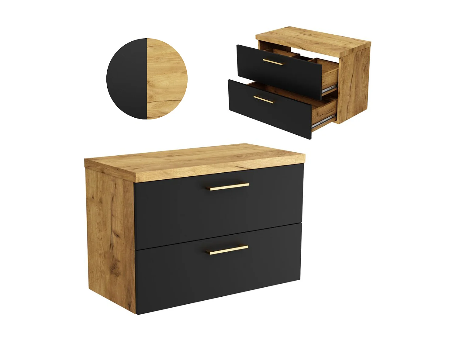 Hängender Badezimmerschrank 80 cm für Aufsatzwaschbecken, Kommode Eiche Schwarz.