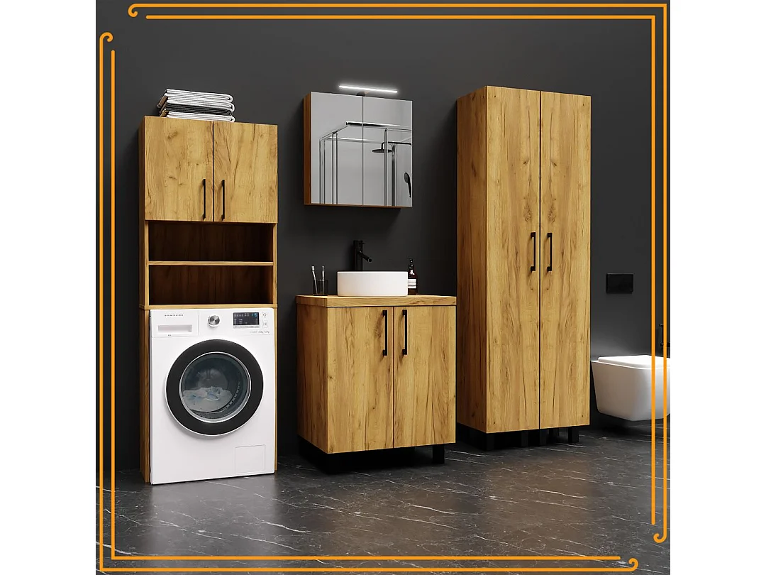 Armario de baño sobre lavadora y secadora en roble Craft. Perfecto para organizar tus electrodomésticos en el baño.