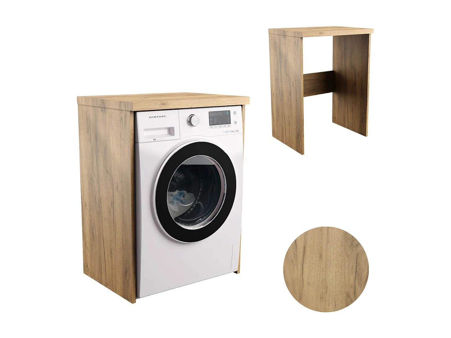Armoire de salle de bain pour machine à laver et sèche-linge, colonne de rangement pour électroménager en chêne artisanal.