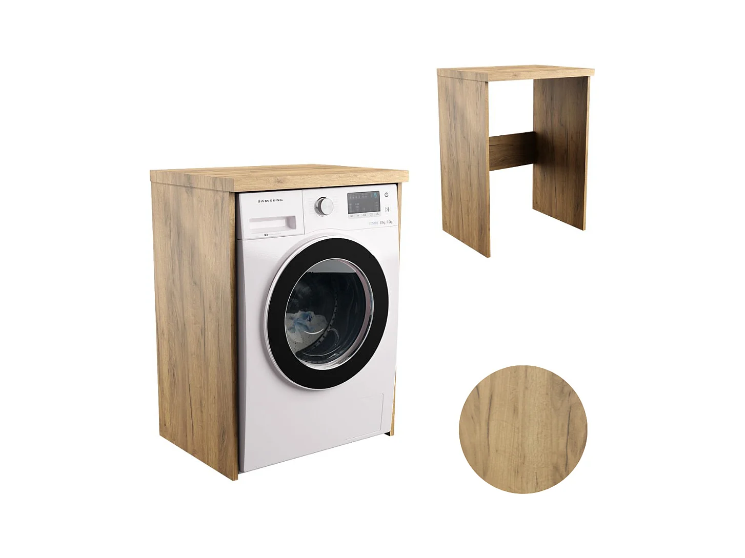 Armoire de salle de bain pour machine à laver et sèche-linge, colonne de rangement pour électroménager en chêne artisanal.