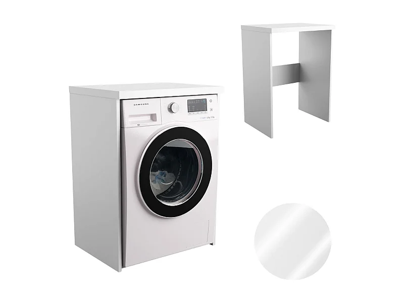 Armário de banheiro sobre a máquina de lavar e secar, coluna de prateleiras para eletrodomésticos, branco.