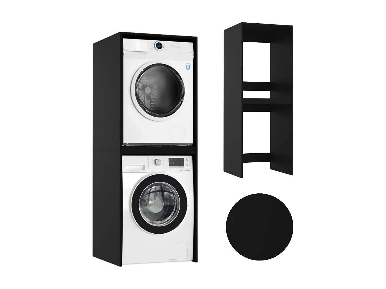 Armario de baño sobre lavadora y secadora, columna de estantes para electrodomésticos en color negro.