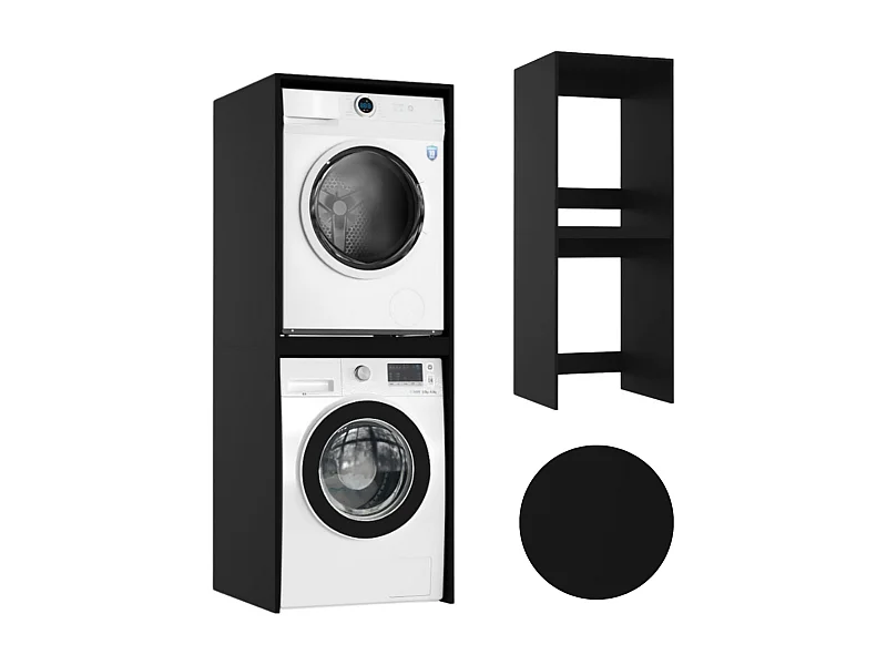 Schwarzer Badezimmerschrank über Waschmaschine und Trockner - Säulenschrank für Haushaltsgeräte.