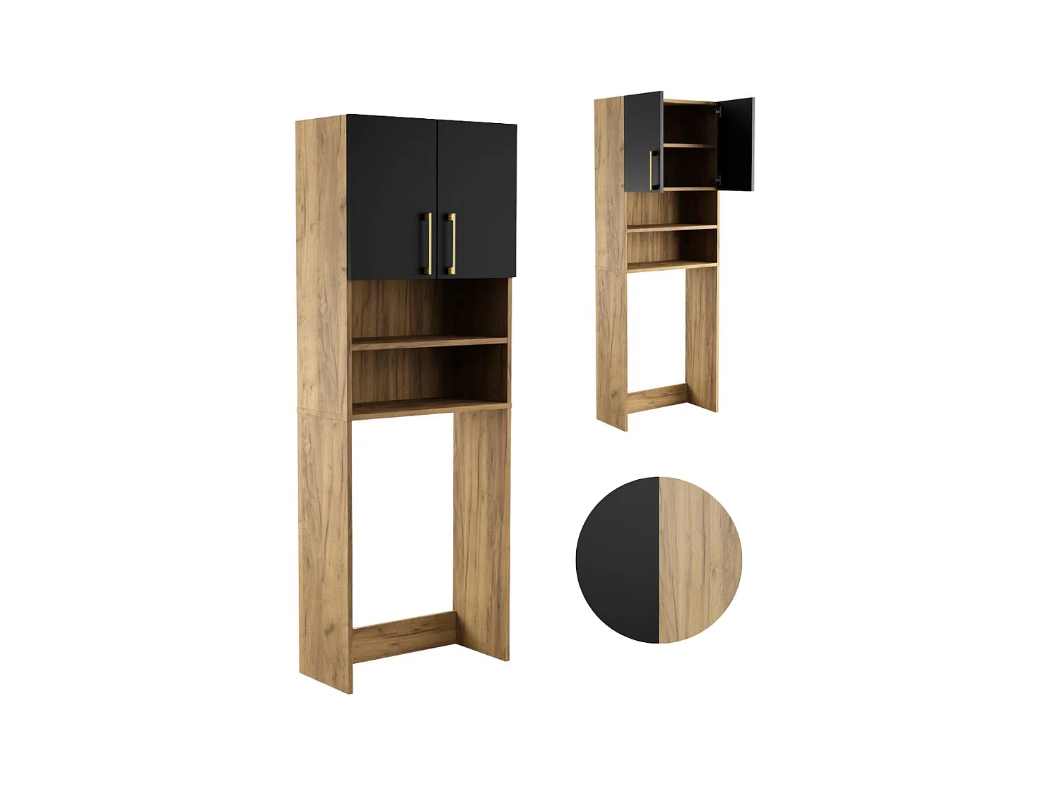 Armoire de salle de bain pour lave-linge et sèche-linge, colonne de rangement pour électroménager en chêne noir.