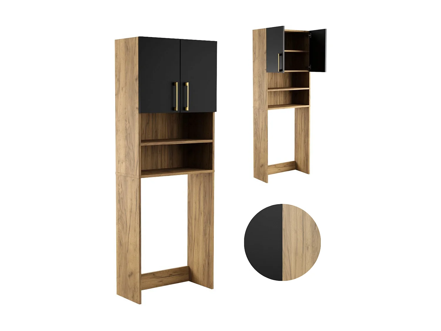 Armoire de salle de bain pour lave-linge et sèche-linge, colonne de rangement pour électroménager en chêne noir.