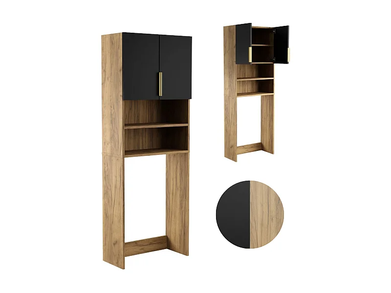Armoire de salle de bain pour machine à laver et sèche-linge, colonne de rangement pour électroménager en chêne noir.