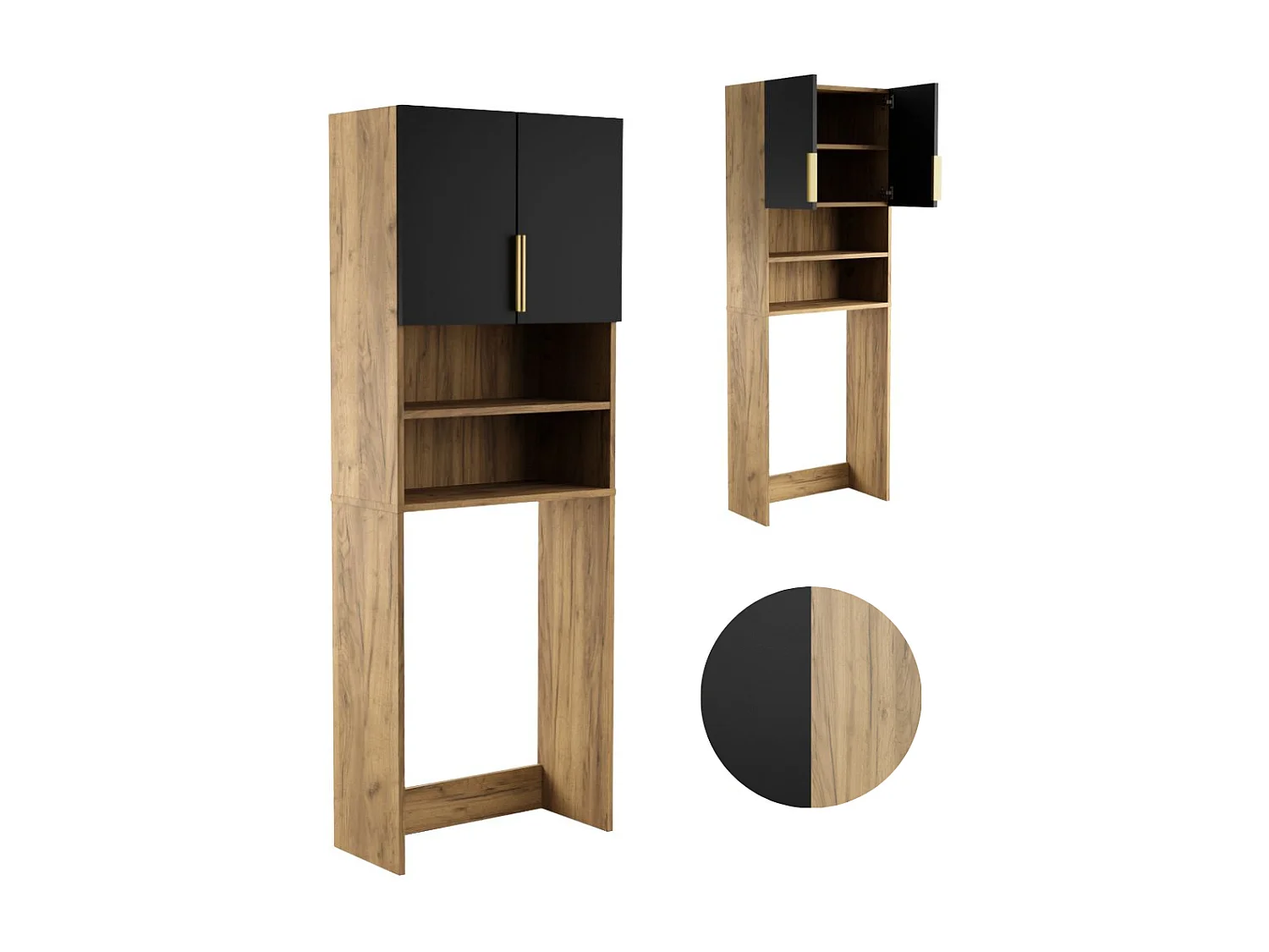 Armoire de salle de bain pour machine à laver et sèche-linge, colonne de rangement pour électroménager en chêne noir.