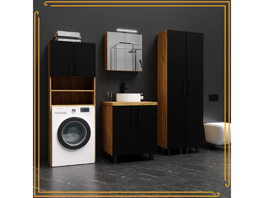 Armoire de salle de bain pour machine à laver et sèche-linge, colonne de rangement pour électroménager en chêne noir.
