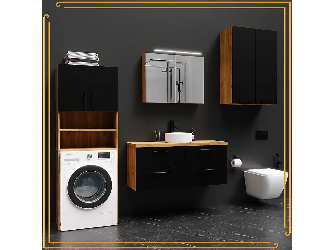 Armoire de salle de bain pour machine à laver et sèche-linge, colonne de rangement pour électroménager en chêne noir.