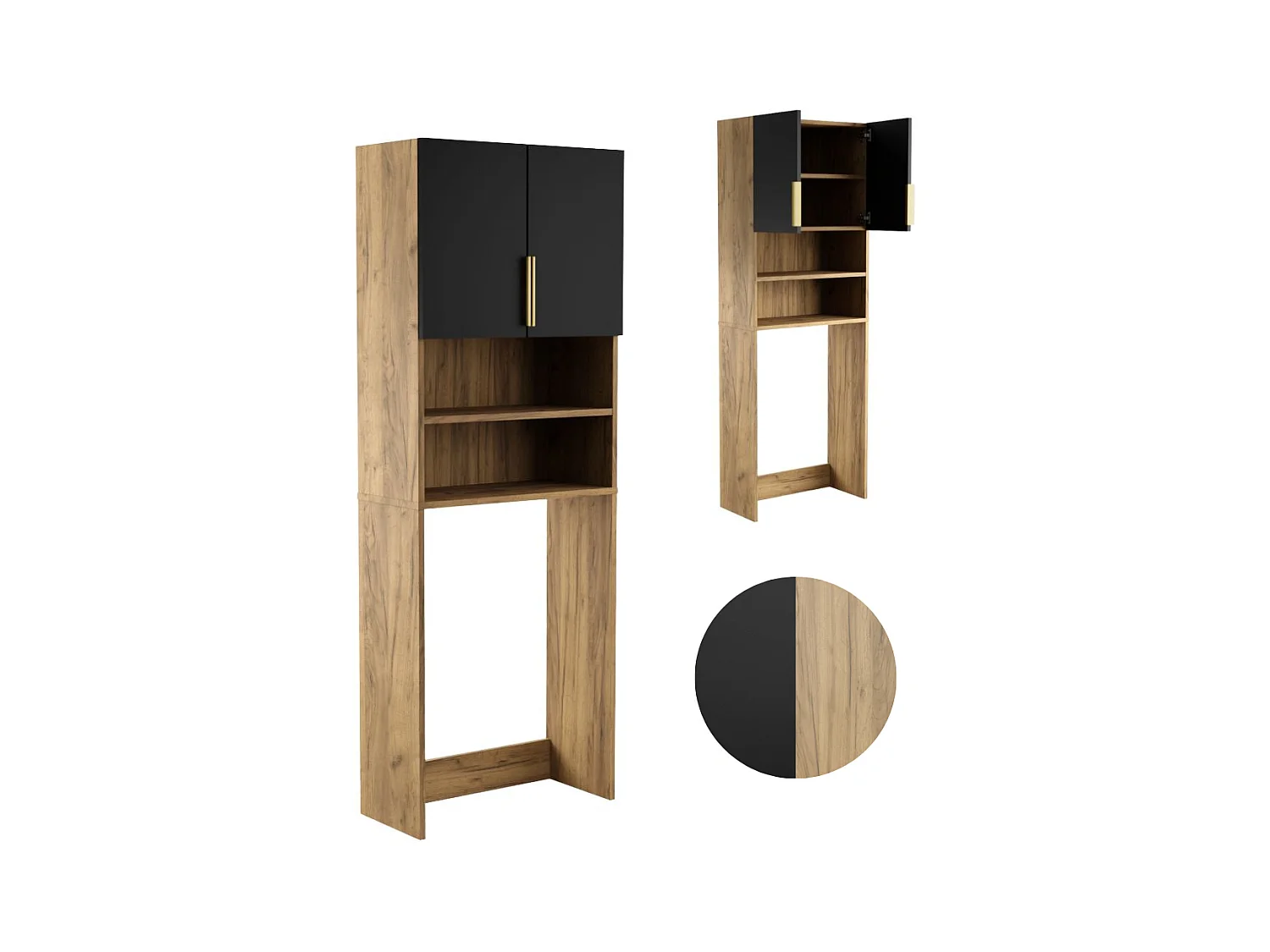 Armoire de salle de bain pour machine à laver et sèche-linge, colonne de rangement pour électroménager en chêne noir.