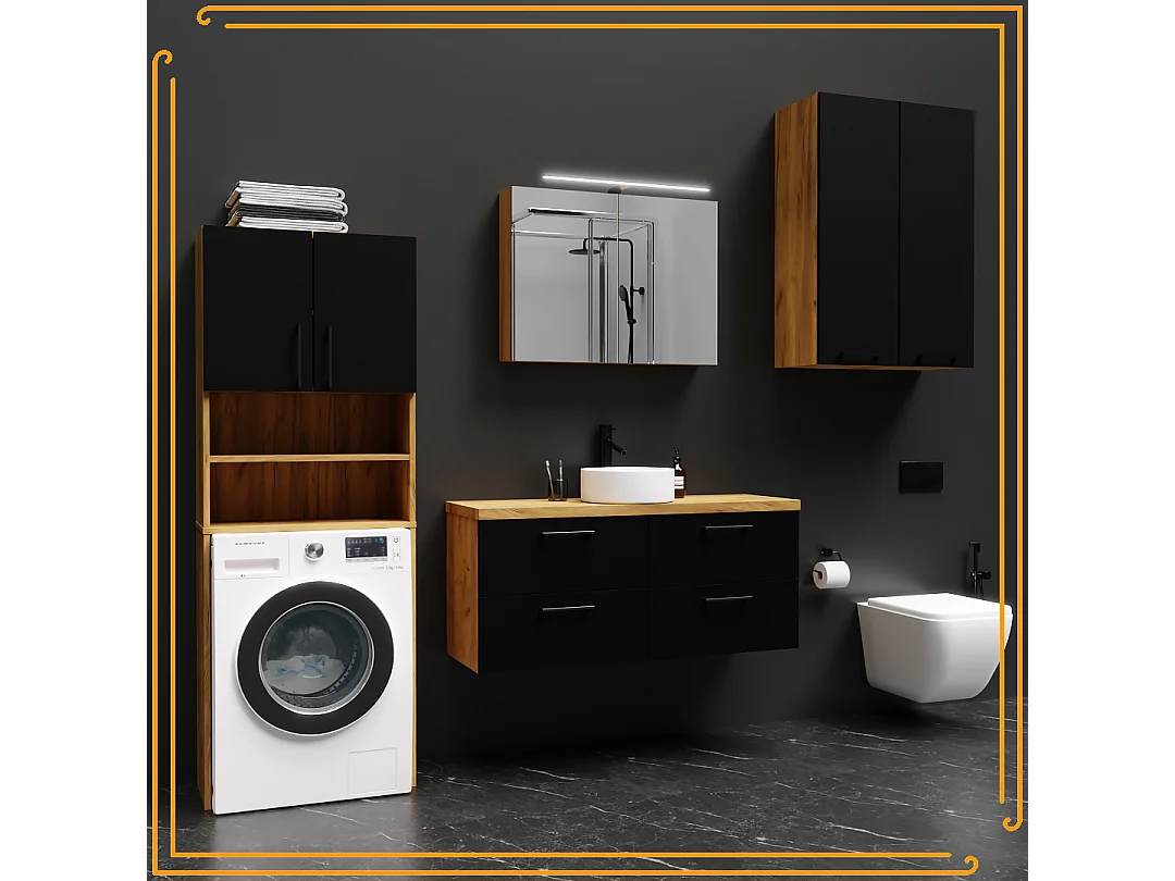 Armario de baño sobre lavadora y secadora, columna de almacenamiento para electrodomésticos en roble negro.
