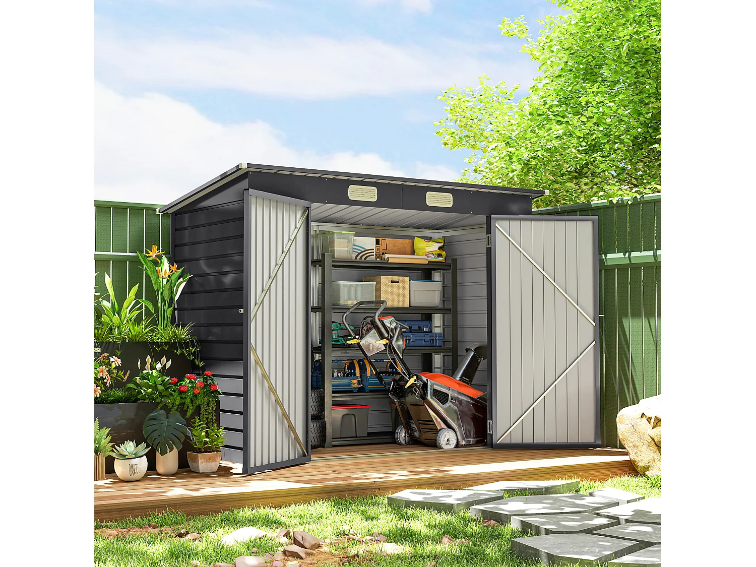 Abri de jardin 3 m² tôle d'acier 2 portes verrouillables 2 évents toit incliné