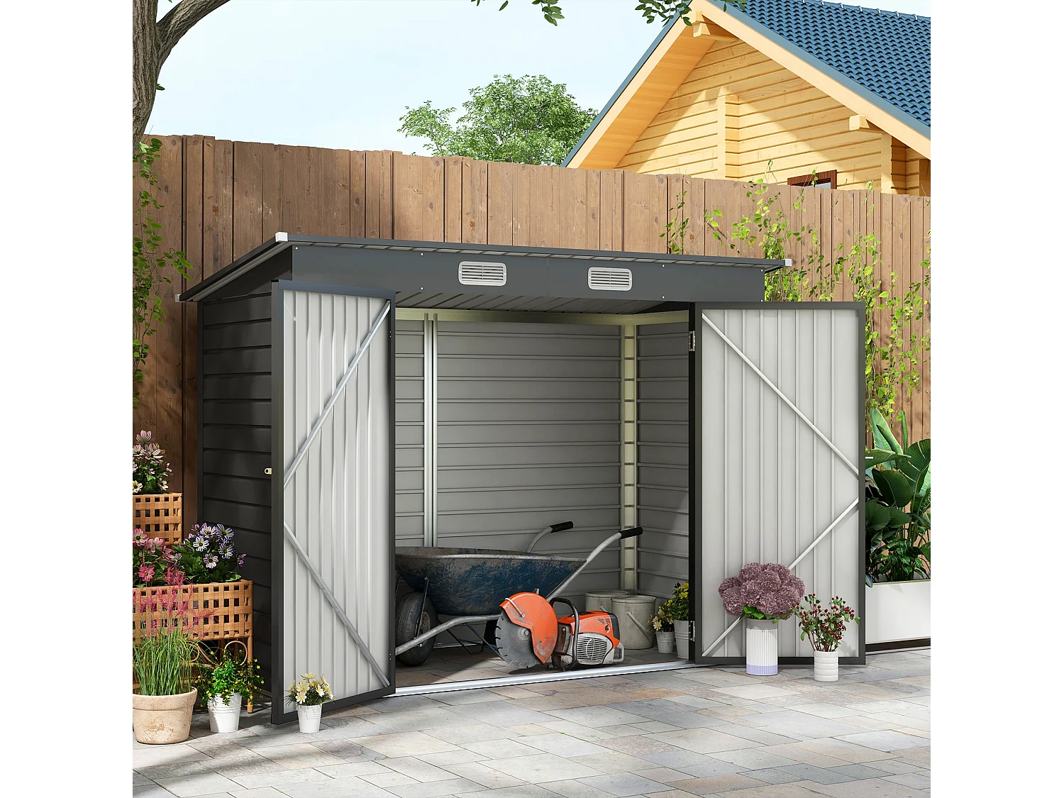 Abri de jardin 3 m² tôle d'acier 2 portes verrouillables 2 évents toit incliné