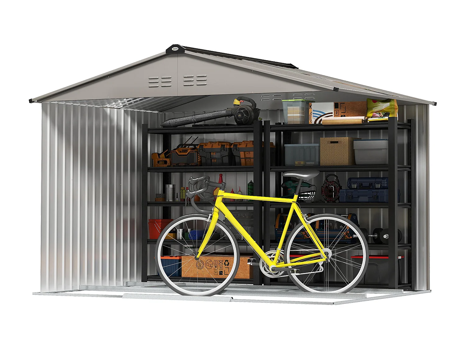 Abri de jardin 5,4 m² - cabanon double porte coulissante - fondation incluse - 277 x 195 x 192 cm - tôle d'acier ondulée gris