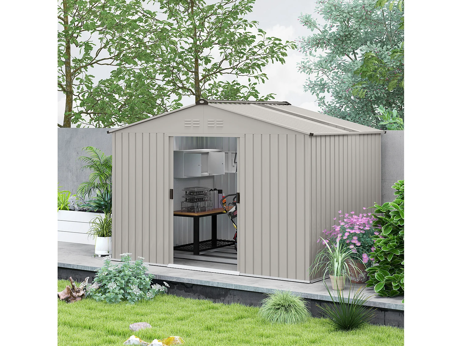 Abri de jardin 5,4 m² - cabanon double porte coulissante - fondation incluse - 277 x 195 x 192 cm - tôle d'acier ondulée gris